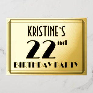 22e verjaardag — Art Deco look "22" + Naam Folie Uitnodiging