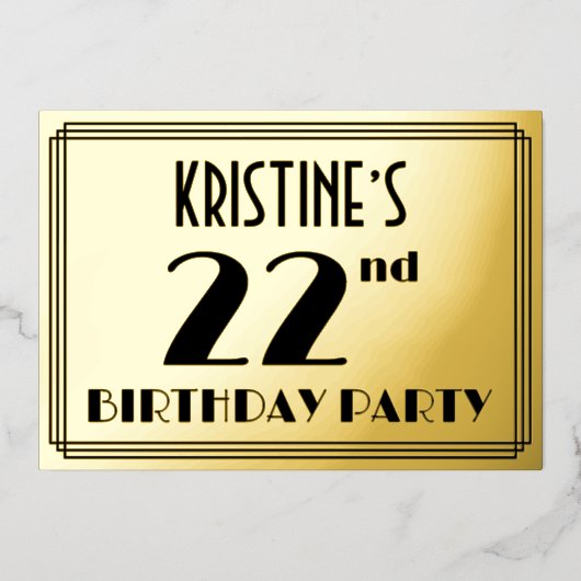 22e verjaardag — Art Deco look "22" + Naam Folie Uitnodiging (Voorkant)