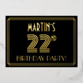 22e verjaardag — Art Deco Style "22" + Naam Folie Uitnodiging (Voorkant)