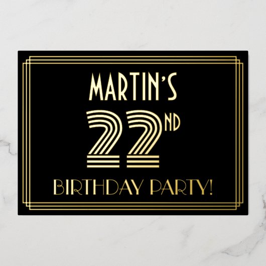 22e verjaardag — Art Deco Style "22" + Naam Folie Uitnodiging (Voorkant)