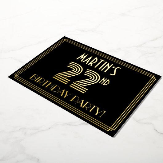 22e verjaardag — Art Deco Style "22" + Naam Folie Uitnodiging (Gedraaid)
