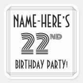 22e verjaardag: Art Deco Style + aangepaste naam Vierkante Sticker (Voorkant)