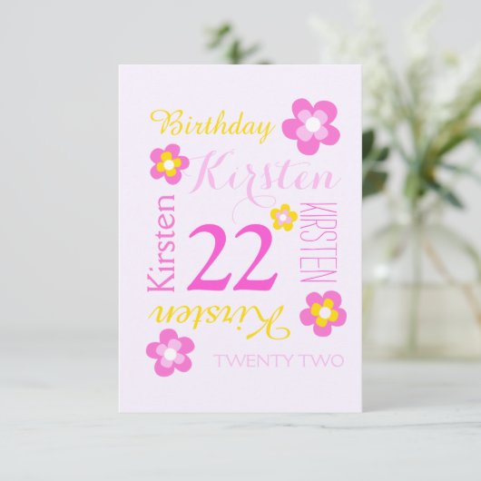 22e verjaardag bloem grafisch geel roze verrassing kaart (Staand voorkant)