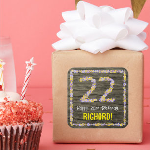 22e verjaardag: Bloemennummer, Faux Wood Look, Naa Vierkante Sticker