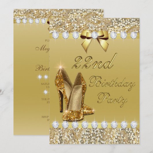 22e Verjaardag Classy Gold Heels Sequins Diamonds Kaart (Voorkant / Achterkant)