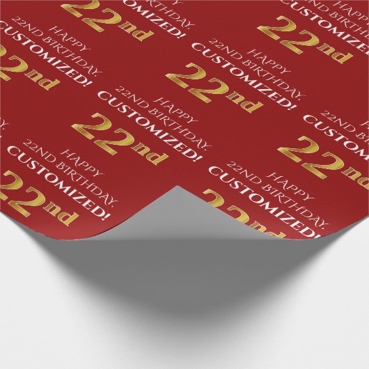 22e verjaardag: Elegant, rood, Faux Gold look Cadeaupapier (Hoek)