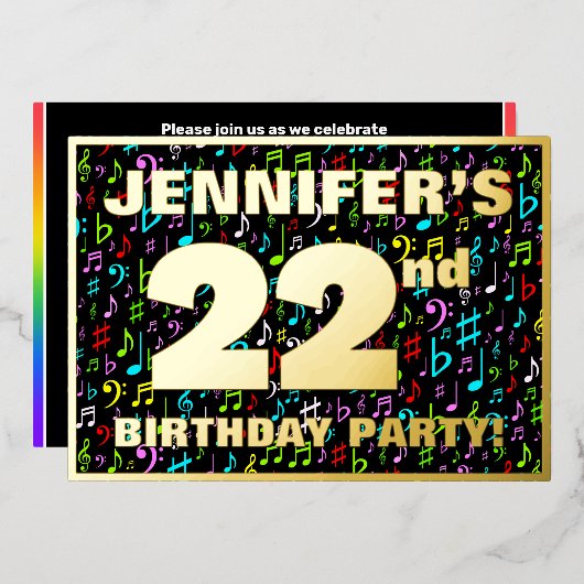 22e verjaardag — Fun, Colorful Music Symbols Folie Uitnodiging (Voorkant / Achterkant)