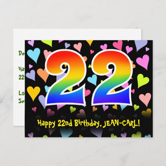22e verjaardag: Fun Hearts Pattern, Rainbow 22 Briefkaart (Voorkant / Achterkant)