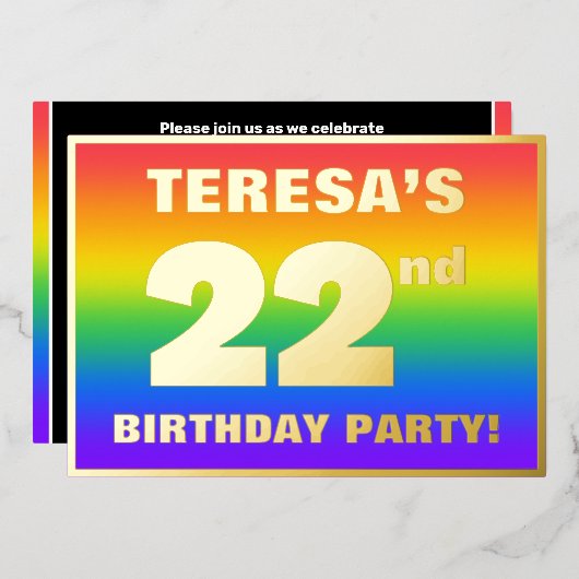 22e verjaardag: Fun, kleurrijk regenboogpatroon Folie Uitnodiging (Voorkant / Achterkant)