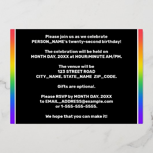 22e verjaardag: Fun, kleurrijk regenboogpatroon Folie Uitnodiging (Achterkant)