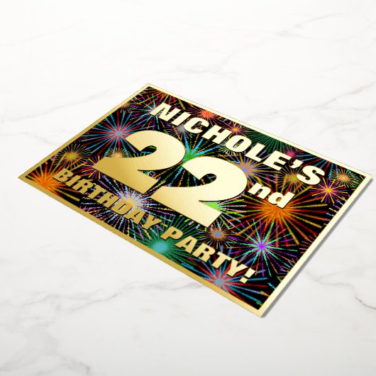 22e verjaardag: Fun, kleurrijke Fireworks look Folie Uitnodiging (Gedraaid)