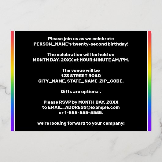 22e verjaardag: Fun, kleurrijke Fireworks look Folie Uitnodiging (Achterkant)