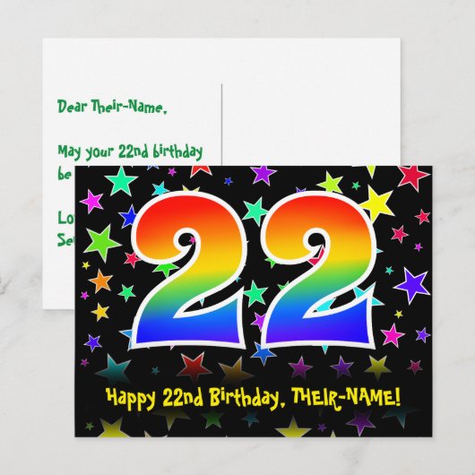 22e verjaardag: Fun Stars Pattern, Rainbow 22, Naa Briefkaart (Voorkant / Achterkant)