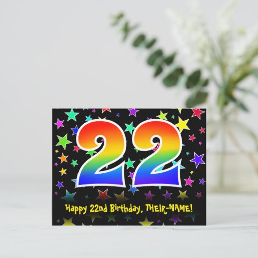 22e verjaardag: Fun Stars Pattern, Rainbow 22, Naa Briefkaart (Staand voorkant)