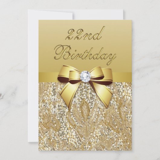 22e verjaardag Gold Faux Sequins and Bow Kaart (Voorkant)