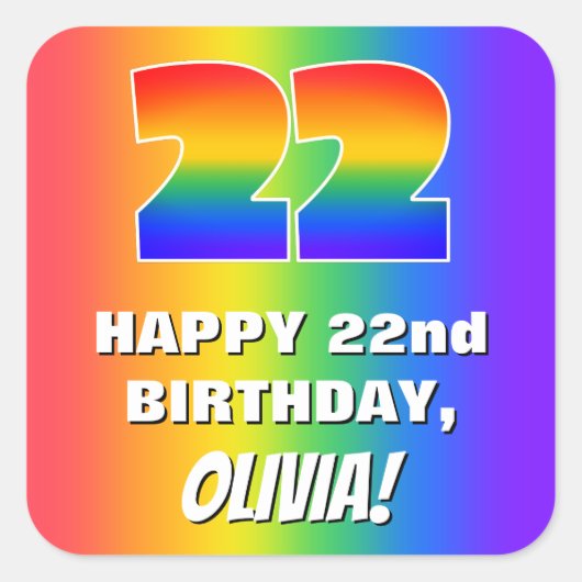 22e verjaardag: kleurrijk, vun regenboogpatroon #  vierkante sticker (Voorkant)