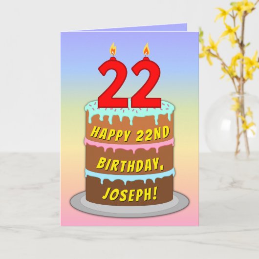 22e Verjaardag — Leuke cake & kaarsen, met eigen n Kaart (Gele Bloem)