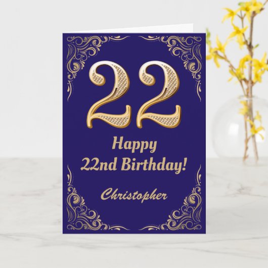 22e verjaardag marinenblauw en goudglitter Lijst Kaart (Gele Bloem)