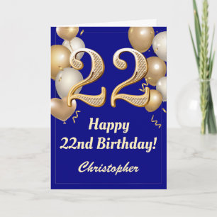 22e verjaardag Navy Blue en Gold Balloons Confetti Kaart