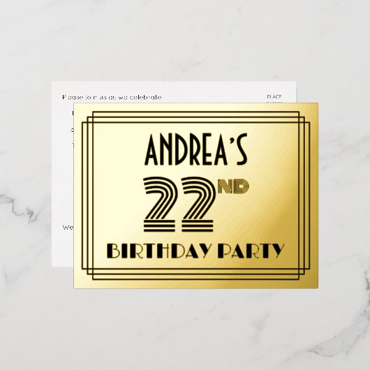 22e verjaardag partij ~ Art Deco Style "22" + naam Folie Uitnodiging Briefkaart (Voorkant / Achterkant)