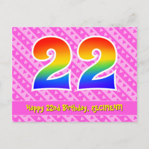 22e verjaardag: Pink Stripes & Hearts, Rainbow 22 Briefkaart