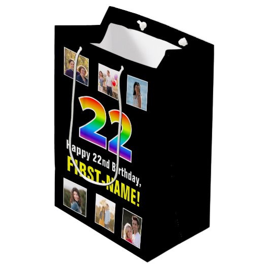 22e verjaardag: Regenboog "22", aangepaste foto's  Medium Cadeauzakje (Voorkant Gekanteld)