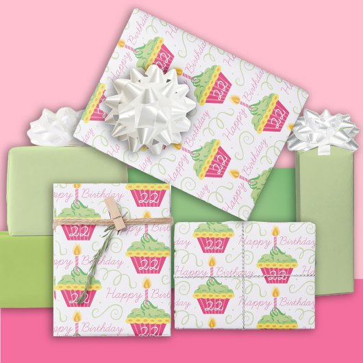 22e verjaardag roze groene cupcakes inpakpapier