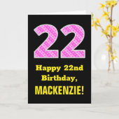 22e verjaardag: roze strepen en harten "22" + naam kaart (Gele Bloem)