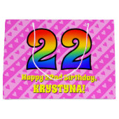 22e verjaardag: roze strips & harten, regenboognr. groot cadeauzakje (Voorkant)