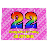 22e verjaardag: roze strips & harten, regenboognr. groot cadeauzakje (Achterkant)