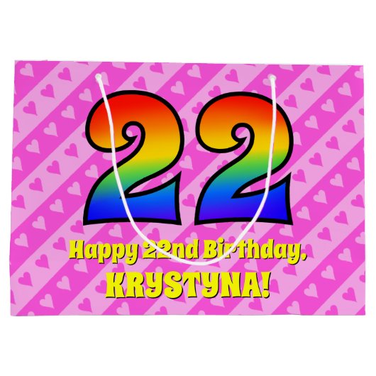 22e verjaardag: roze strips & harten, regenboognr. groot cadeauzakje (Achterkant)