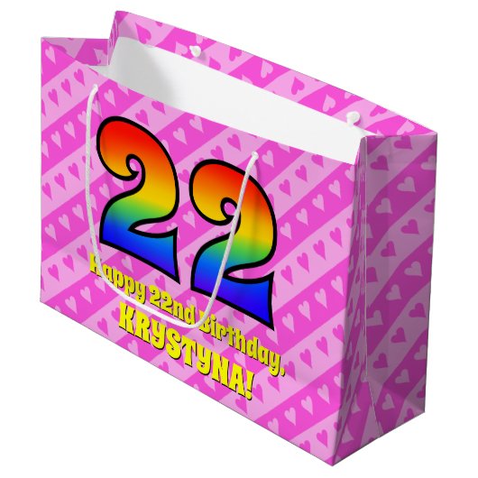 22e verjaardag: roze strips & harten, regenboognr. groot cadeauzakje (Voorkant Gekanteld)