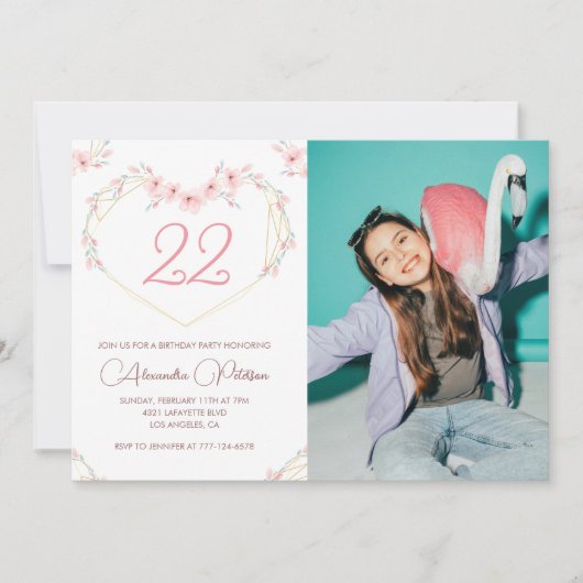 22e verjaardag uitnodigingen Boho Floral Foto (Voorkant)