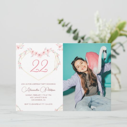 22e verjaardag uitnodigingen Boho Floral Foto (Staand voorkant)