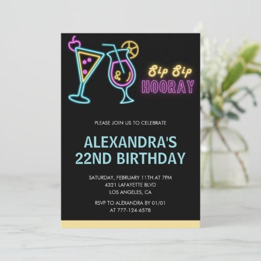 22e verjaardag uitnodigingen Cocktail Neon Glow (Staand voorkant)