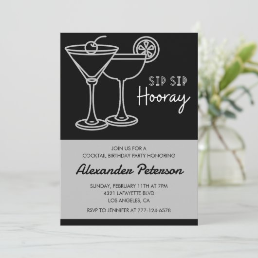 22e verjaardag uitnodigingen Mannen Cocktail Black (Staand voorkant)