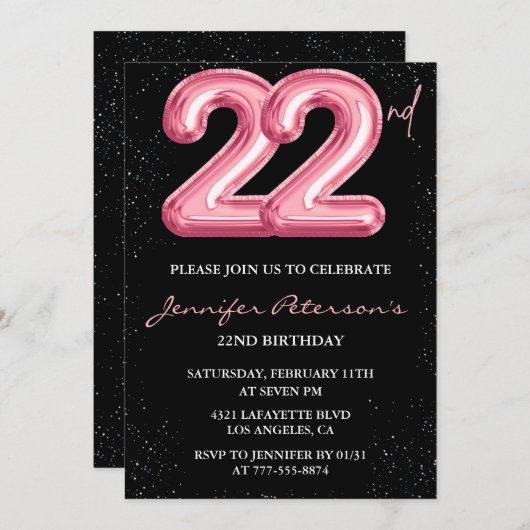 22e verjaardag uitnodigingen Pink Balloon Glam Bla (Voorkant / Achterkant)