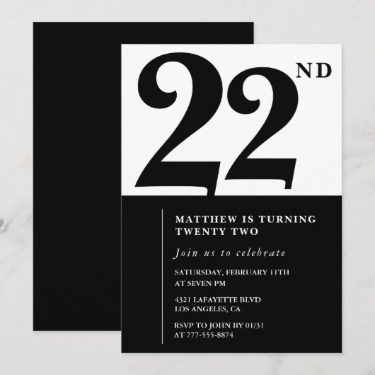 22e verjaardag uitnodigingen Zwart en Wit Elegant (Voorkant / Achterkant)
