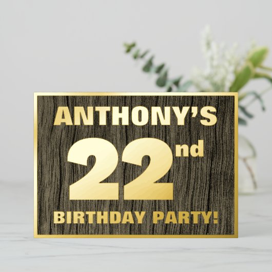 22e verjaardag: Vet, Faux Hood Grain Pattern Folie Uitnodiging (Staand Voorkant)