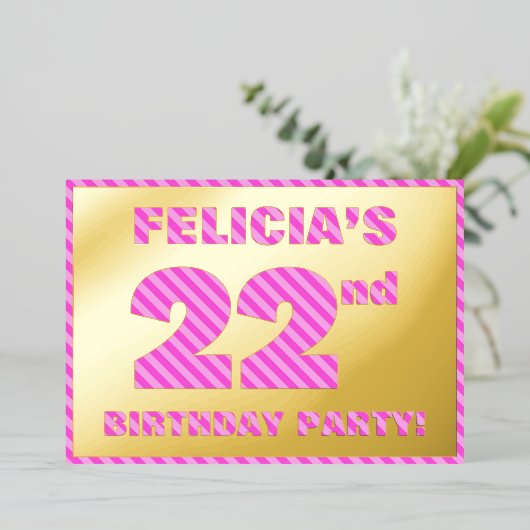 22e verjaardag — Vet, vuurtje, roze band # 22 Folie Uitnodiging (Staand Voorkant)