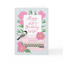 22e verjaardag voor vrouw | Typemachine en bloemen