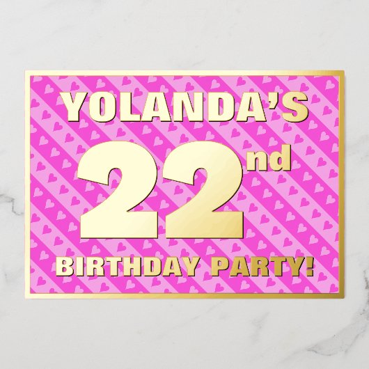 22e verjaardag - vuurroze harten en strips folie uitnodiging (Voorkant)