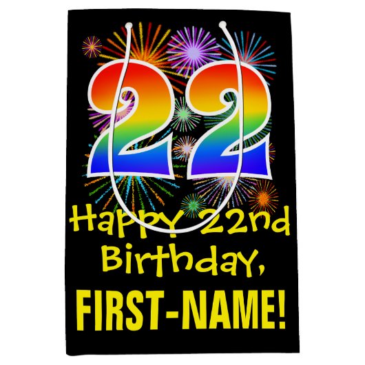 22e verjaardag: Vuurwerk Fun Pattern + Regenboog 2 Medium Cadeauzakje (Voorkant)