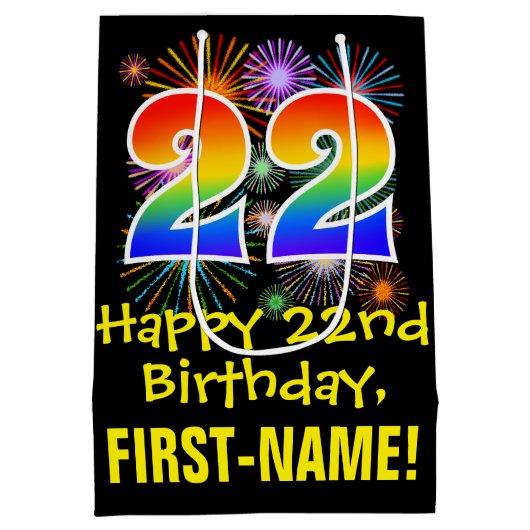 22e verjaardag: Vuurwerk Fun Pattern + Regenboog 2 Medium Cadeauzakje (Achterkant)