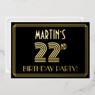 22e verjaardagsfeest — Art Deco-stijl “22” + naam Folie Uitnodiging