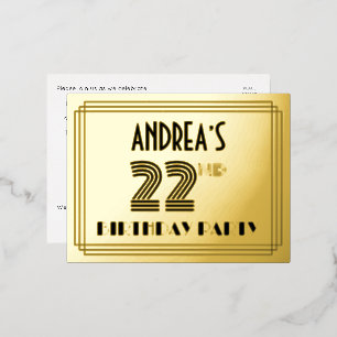 22e Verjaardagsfeest ~ Art Deco Stijl “22” + Naam Folie Uitnodiging Briefkaart
