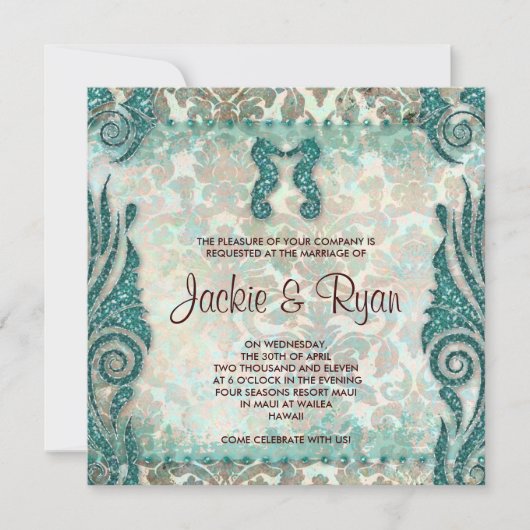 232 Beach Wedding Invitation Seahorse Blauwgroen Kaart (Voorkant)