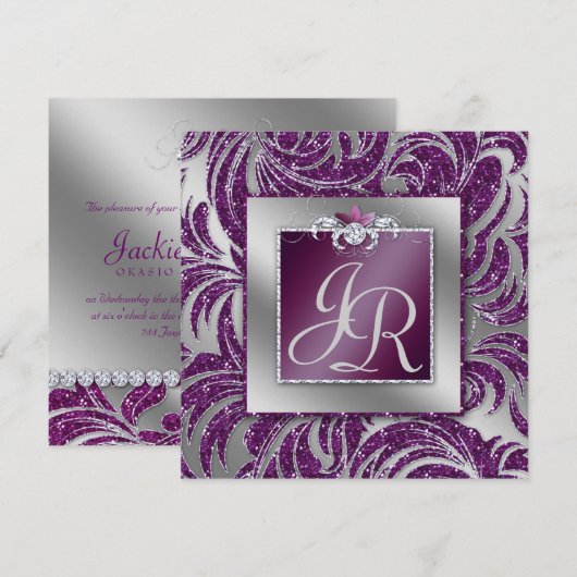 232 Elegante Trouwdag Blad Bloem Paarse Glans Kaart (Voorkant / Achterkant)