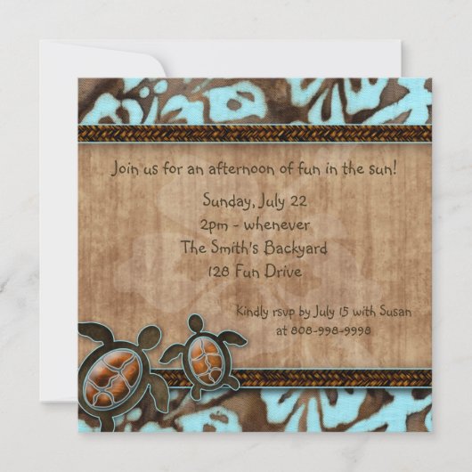 232 Luau Party Invitation Turtle Blue Brown Kaart (Voorkant)