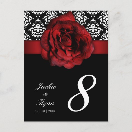 232 Tafelnummer Briefkaart Red Rose Damask Floral (Voorkant)
